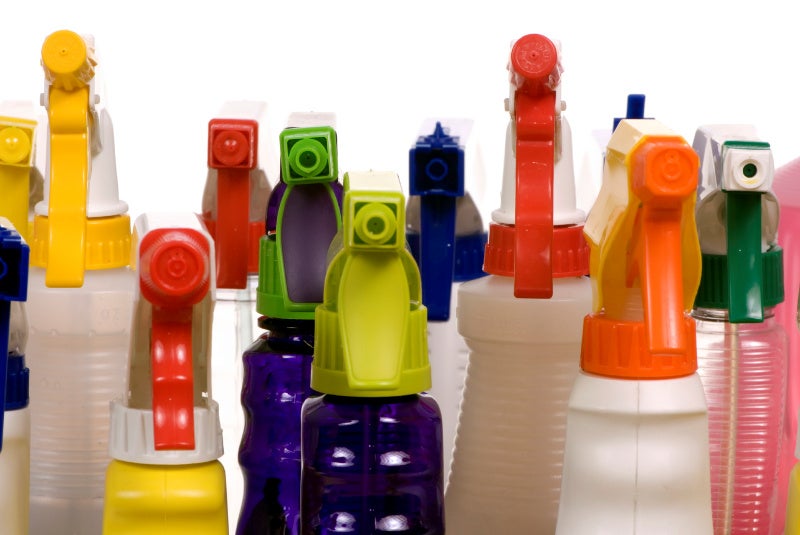 Cleaning bottles line up in rows, for that dreaded housework.