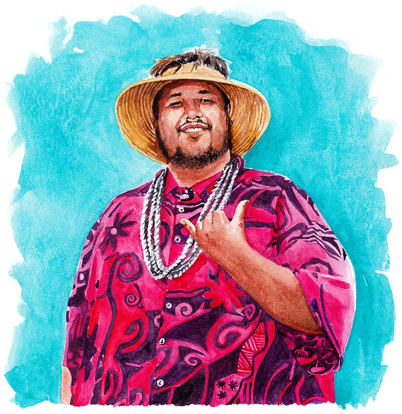 Illustration of Ka’imi Kaupiko, Miloli‘i fisherman. Beige sun hat, pink/red floral shirt with a white necklace. Shaka sign made with hand held in front of chest.