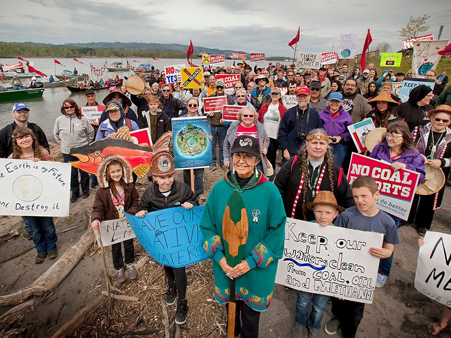 Local activists participate in the People&#039;s Climate March Columbia River on April 29, 2017, in Kalama, Washington.