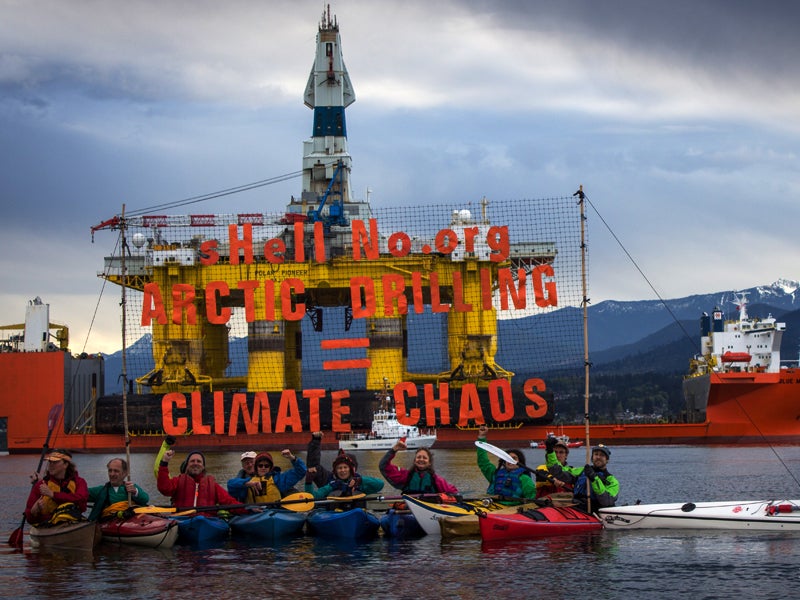 Kayaktivists rally against Shell Oil and Arctic drilling in the Port of Seattle.
(Charles Conatzer & the sHellNo! Action Council/Flickr)