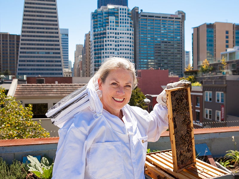 Terry Oxford, with her bees at a rooftop apiary in San Francisco&#039;s Jackson Square.