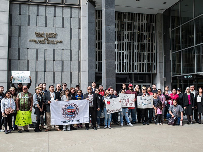 Members of the Yurok Tribe and Earthjustice gather outside a San Francisco courthouse in 2018.