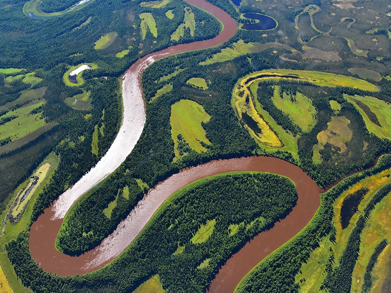 Kuskokwim River, in southwest Alaska. The Donlin mine's massive industrial operation will destroy thousands of acres of wetlands and streams and cause permanently elevated levels of dangerous metals in local water.
(Peter Griffith / NASA)