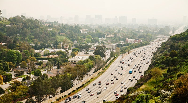 Smog clogs the air around the 405 freeway in Los Angeles.