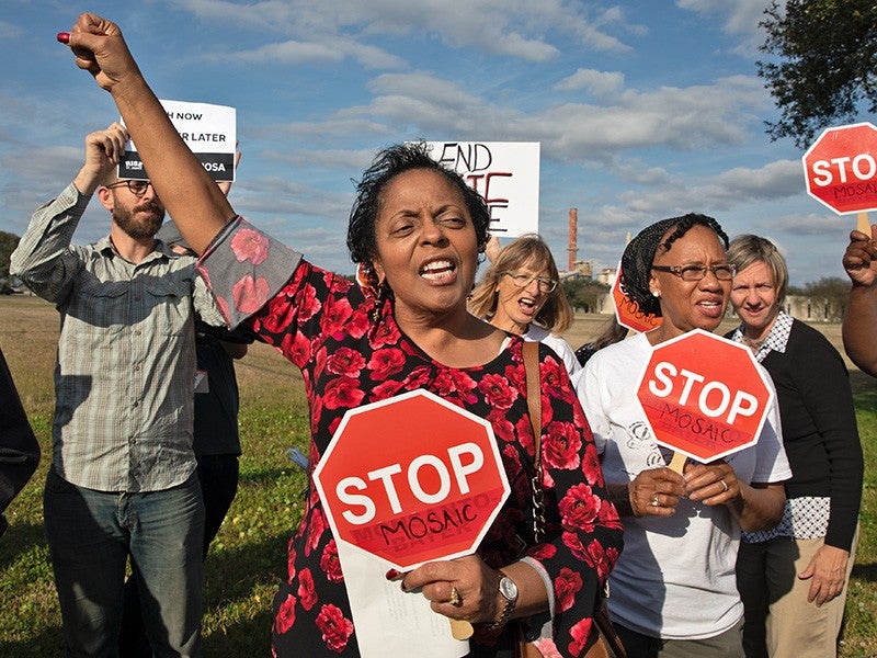 Sharon Lavigne, foreground center, leads a rally against the “Sunshine Project,” a massive petrochemical complex proposed for Cancer Alley in Louisiana.