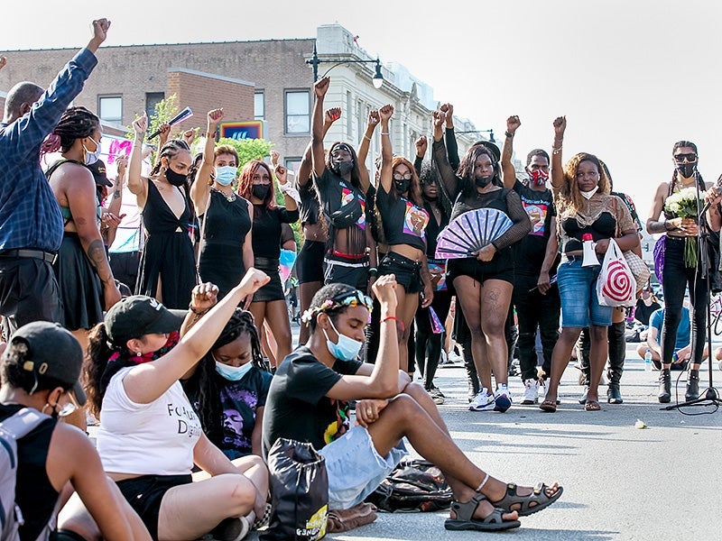 Community members from Brave Space Alliance, Broadway Youth Center, and Renaissance Social Services speak during the Pride Without Prejudice march on June 28, 2020, in Chicago. The march supported Black trans lives, LGBTQ rights, and the Black Lives Matter movement.
(Photo by Natasha Moustache/Getty Images)