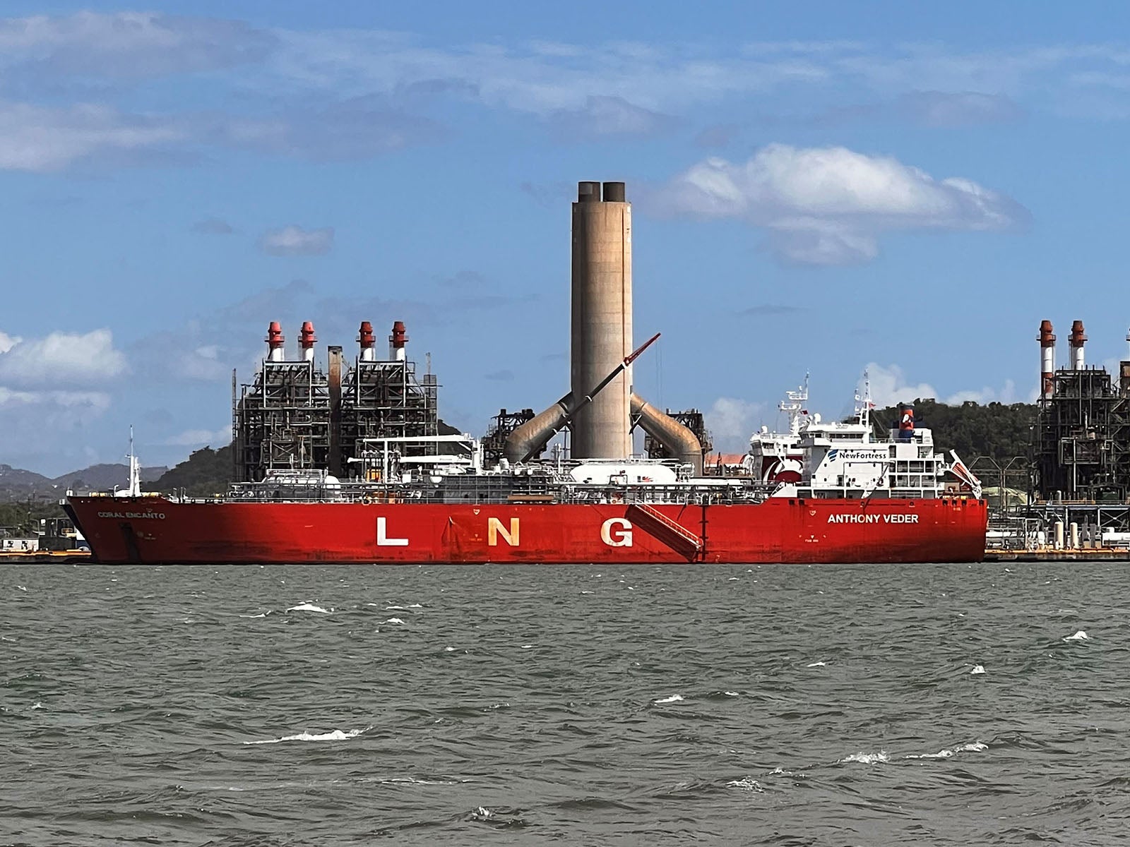 LNG transport ship at the New Fortress Energy facility in San Juan Harbor, Puerto Rico