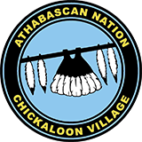 The logo for the Chickaloon Native Village, with the words 'Athabascan Nation' and 'Chickaloon Village' along the border of a circle, with feathers arrayed in the center.