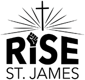 Logo for the community group RISE St. James, with a cross at the top set against stylized sunrise rays. The letter 'I' in RISE is topped with an upwardly raised closed hand.