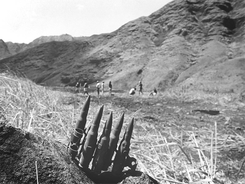 The U.S. military evicted local families from Mākua during World War II, converting the valley into a live-fire training facility. The area was subject to ship-to-shore bombardment by naval guns. Large bombs were dropped, and Mākua’s church was used for target practice and destroyed.
(Photo courtesy of Ed Greevy)