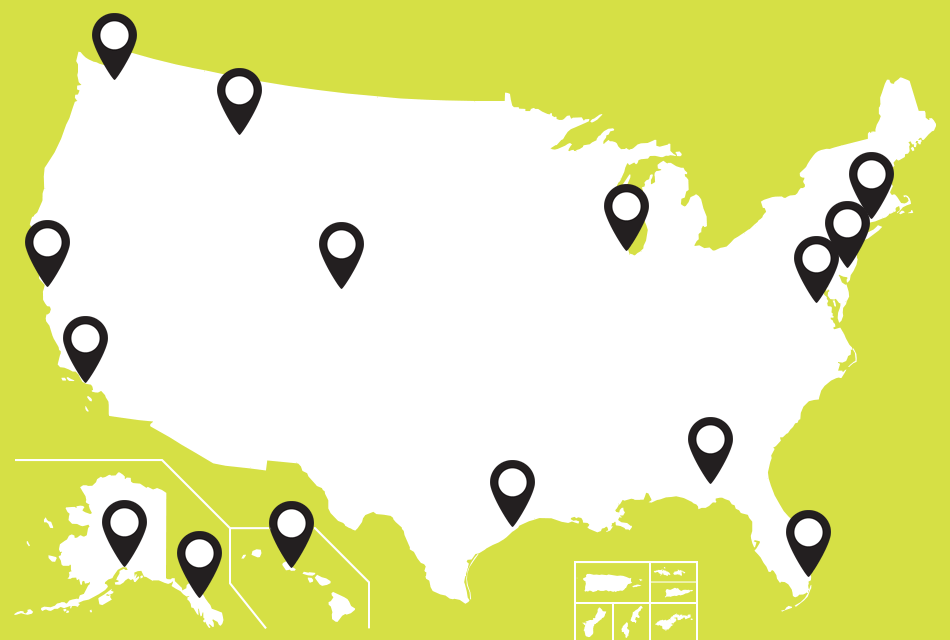 Map of Earthjustice's office locations.