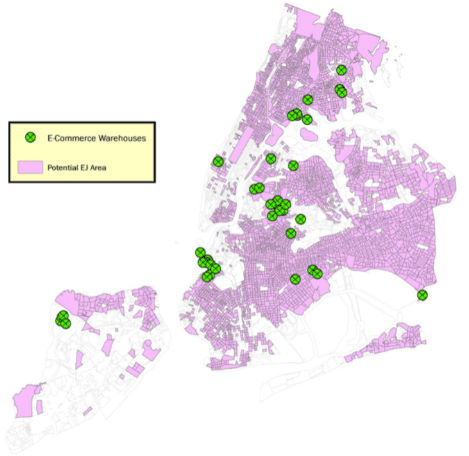 Map of e-commerce warehouses by potential environmental justice area in NYC, 2022.