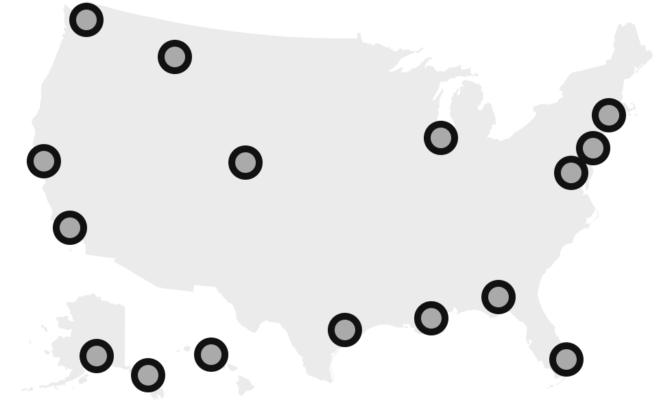 Map of the United States, with location markers for Earthjustice's 15 offices.