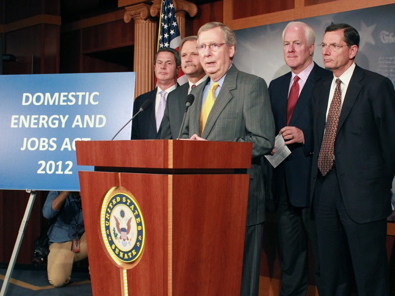 Senate Minority Leader Mitch McConnell (R-KY) speaks at a news conference to unveil domestic energy and jobs legislation in 2012.