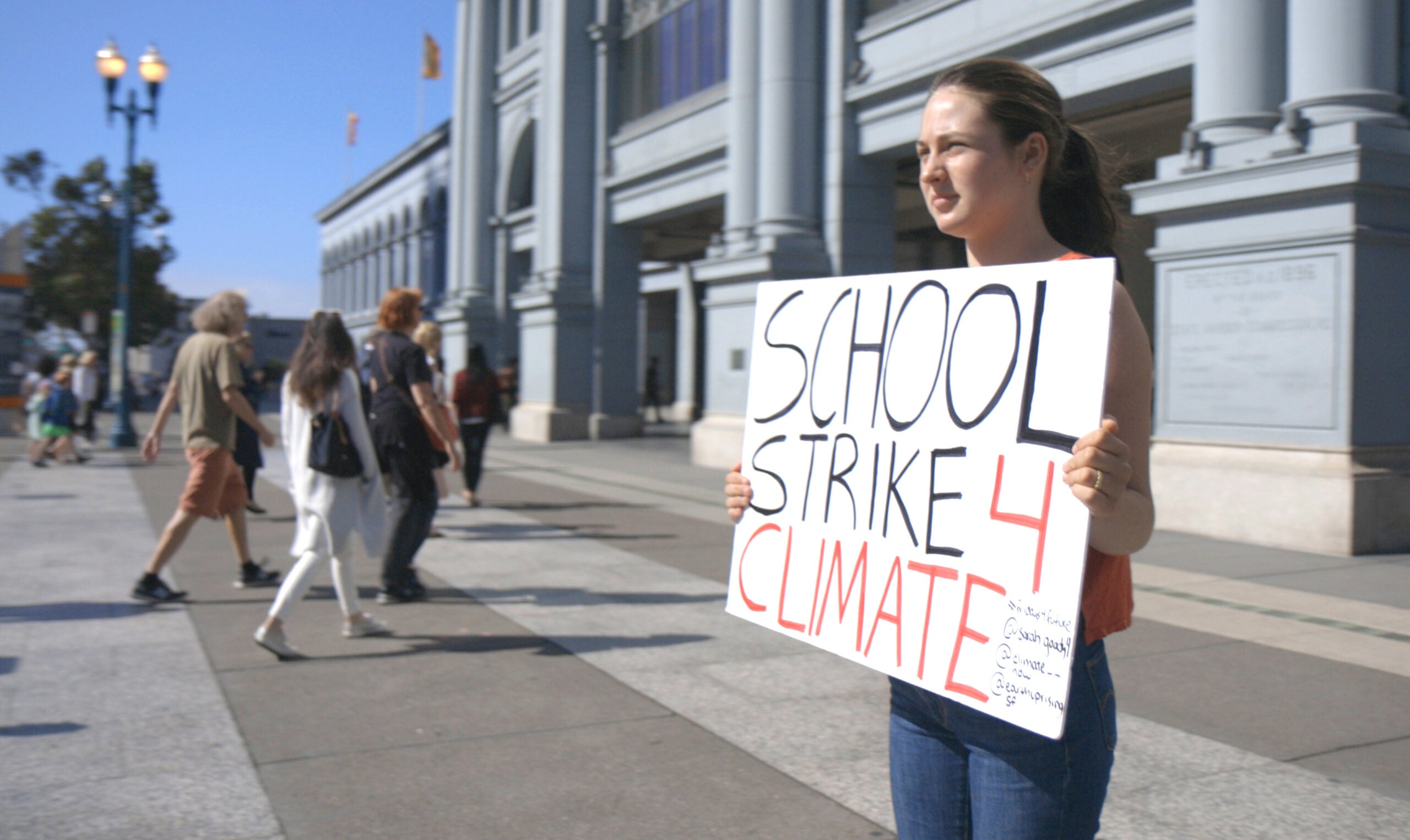 Sarah Goody spends her Fridays protesting climate change in front of San Francisco’s Ferry Building.