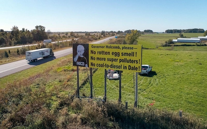 Riverview Energy Corp. plans to build a coal-to-diesel plant one mile from the heart of Dale, IN. Citizens put up a billboard to voice their disapproval of the project. (Southwestern Indiana Citizens for Quality of Life)