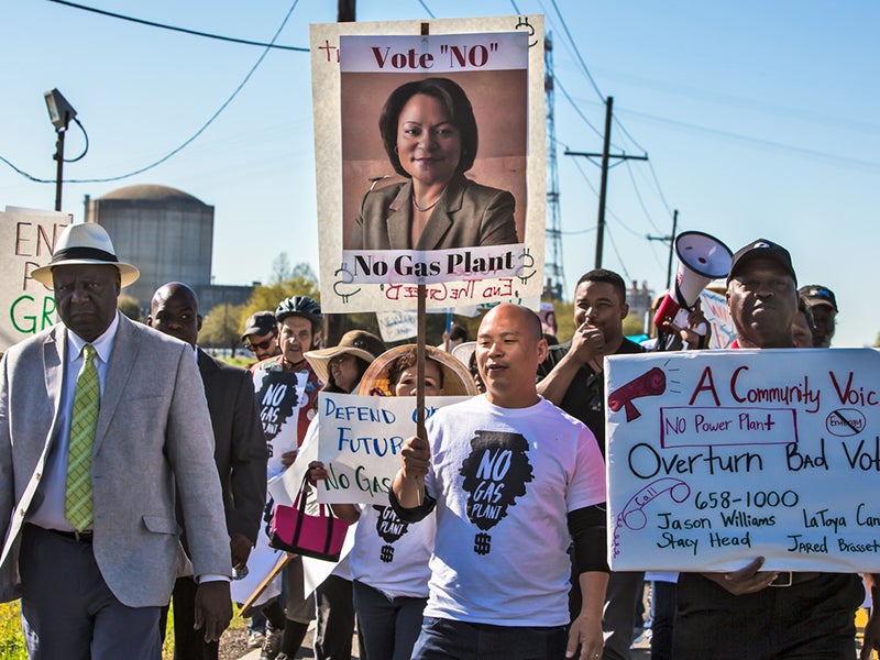 Pat Bryant, left, leads a march against environmental racism and Entergy’s proposed New Orleans East gas plant on March 3, 2018.