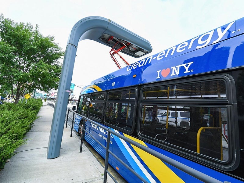 Electric transit bus charging station, West Side Highway, New York City.
(Marc A. Hermann / MTA)