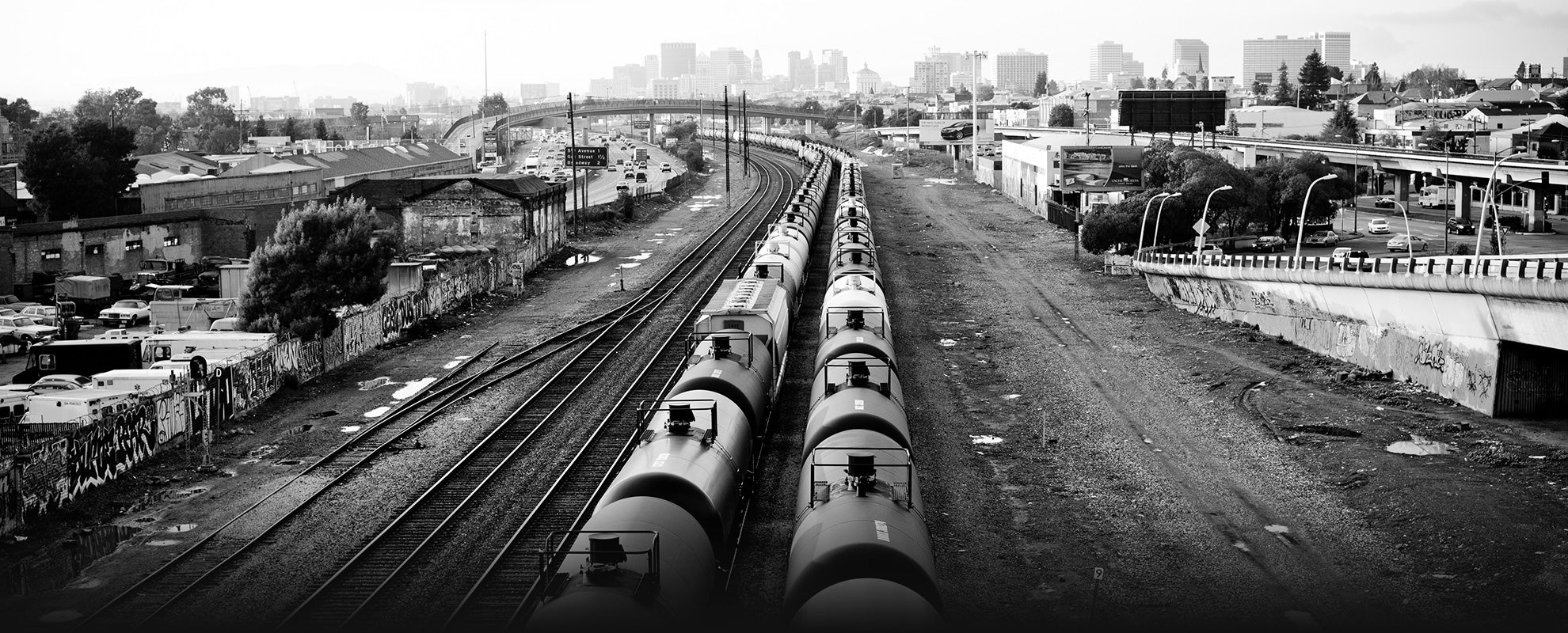 Oil trains in a Oakland, CA, railyard.