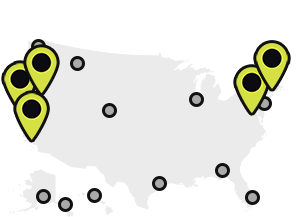 Map of Earthjustice’s office locations, with the New York, Los Angeles, Sacramento, San Francisco and Washington, D.C., locations highlighted.