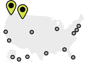 Map of Earthjustice office locations in the United States, with the Seattle and Bozeman locations highlighted.