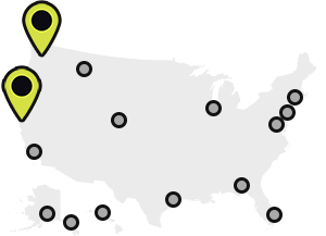 Map of Earthjustice’s office locations, with the San Francisco and Seattle locations highlighted.
