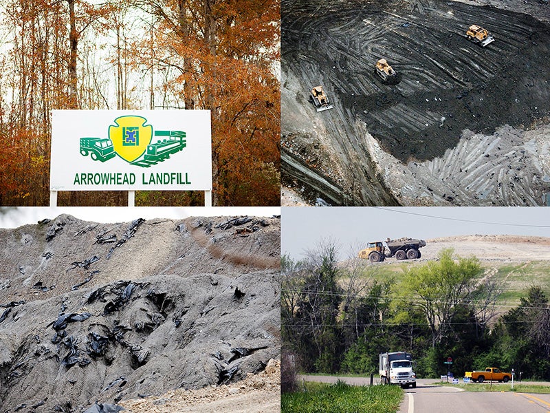 The massive coal ash dump at Arrowhead landfill. The trash liners in the bottom left photo were used to hold the coal ash in place on the train as it left the predominantly white and middle class area of Harriman, TN. However, as soon as the coal ash arrived in Perry County, the liner was ripped off and the coal ash was dumped into the open landfill.
(Top left: Chris Jordan-Bloch / Earthjustice. All others: Photos Provided by John L. Wathen)