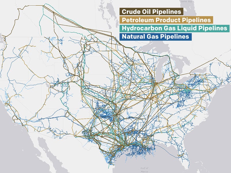 Map of crude oil, petroleum product, hydrocarbon liquid, and natural gas pipelines in the contiguous United States.
(U.S. Energy Information Administration)