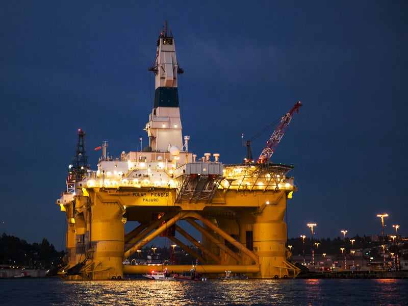 Shell's Polar Pioneer in Elliott Bay as it exits the Port of Seattle on June 15, 2015.
(Jeff Dunnicliff for the Backbone Campaign/Flickr)