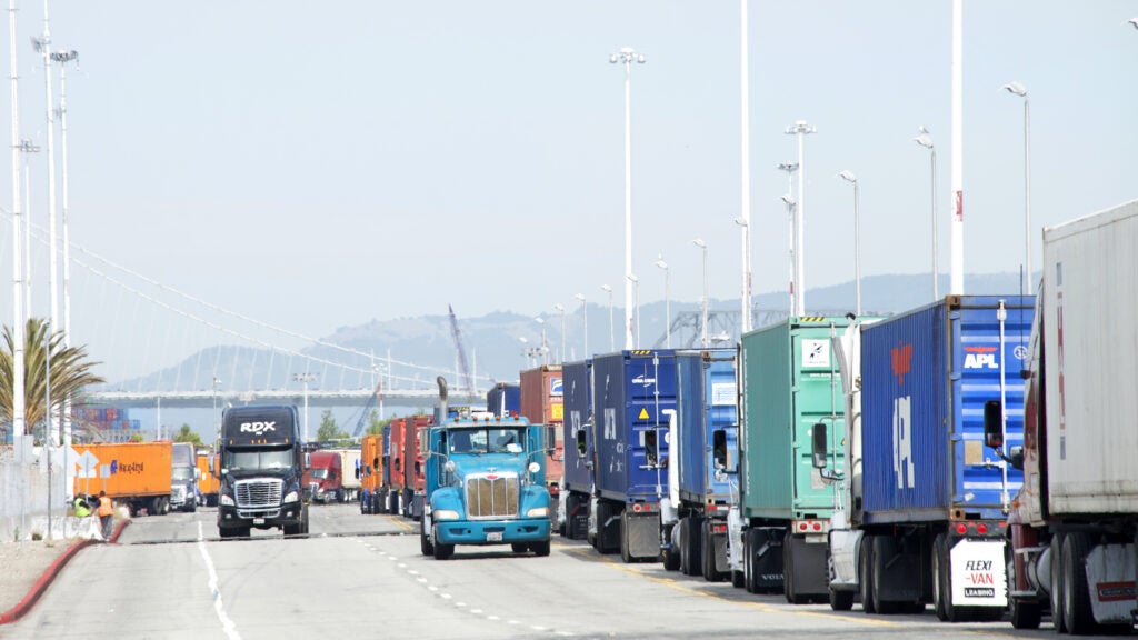 Between six and eight thousand trucks service the Port of Oakland and truck along the Bay Area&#039;s freeways. Heavy-duty trucks are the largest source of smog-forming NOx in California.
(Shutterstock)