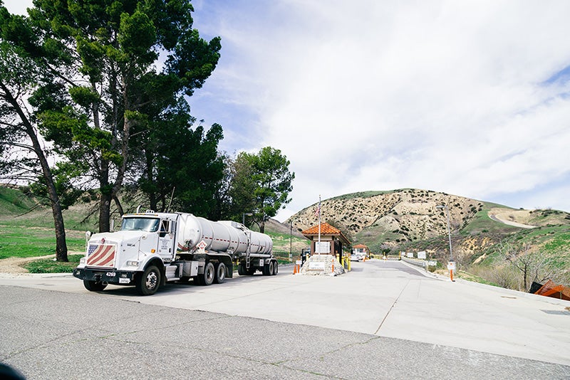 A truck leaves the Aliso Canyon facility in Los Angeles, where the largest gas leak in U.S. history occurred three years ago.