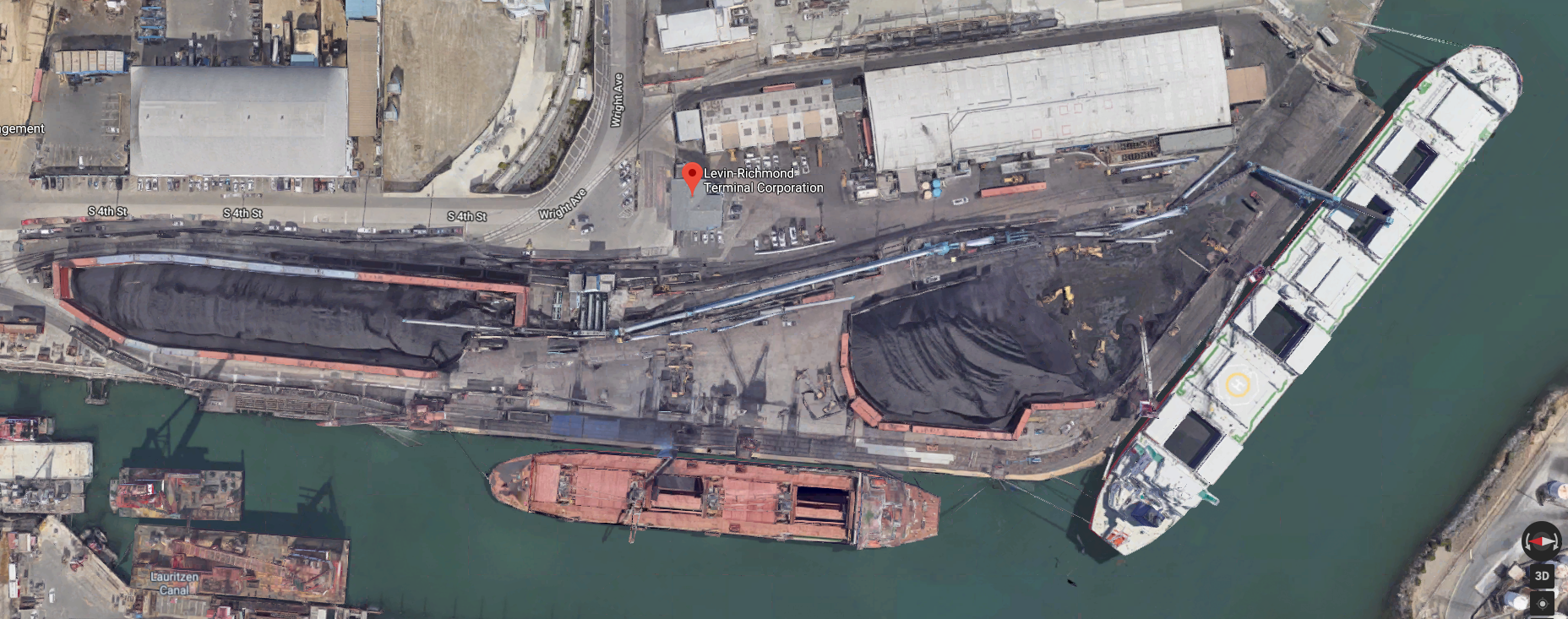 Open air coal handling at the Levin Terminal in Richmond, California less than a mile away from residential neighborhoods
(Courtesy of Google Maps)