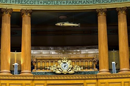 The Sacred Cod hangs in the House Chamber of Massachusetts