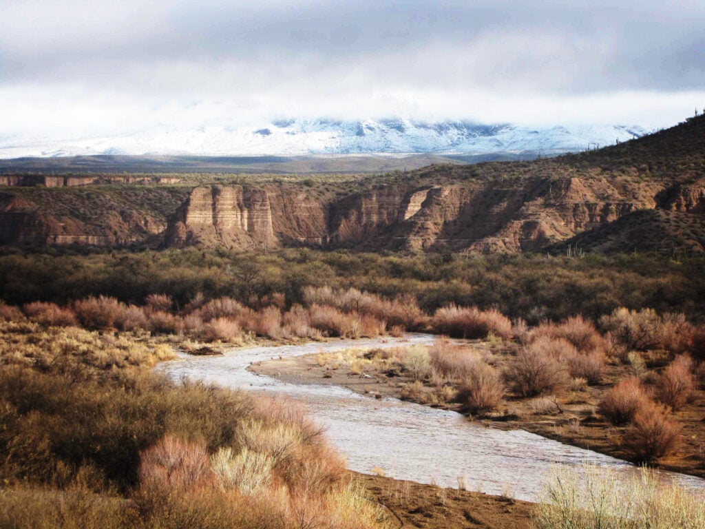 The flowing San Pedro River and snow-covered Galiuro Mountains.
(Lon&Queta / CC BY-NC-SA 2.0)