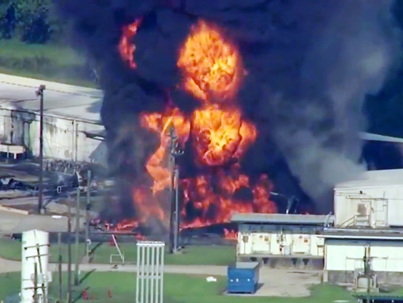 The Arkema chemical plant, northeast of Houston, was engulfed in flames due to loss of electricity caused by Hurricane Harvey.
(Courtesy of WFAA-TV)