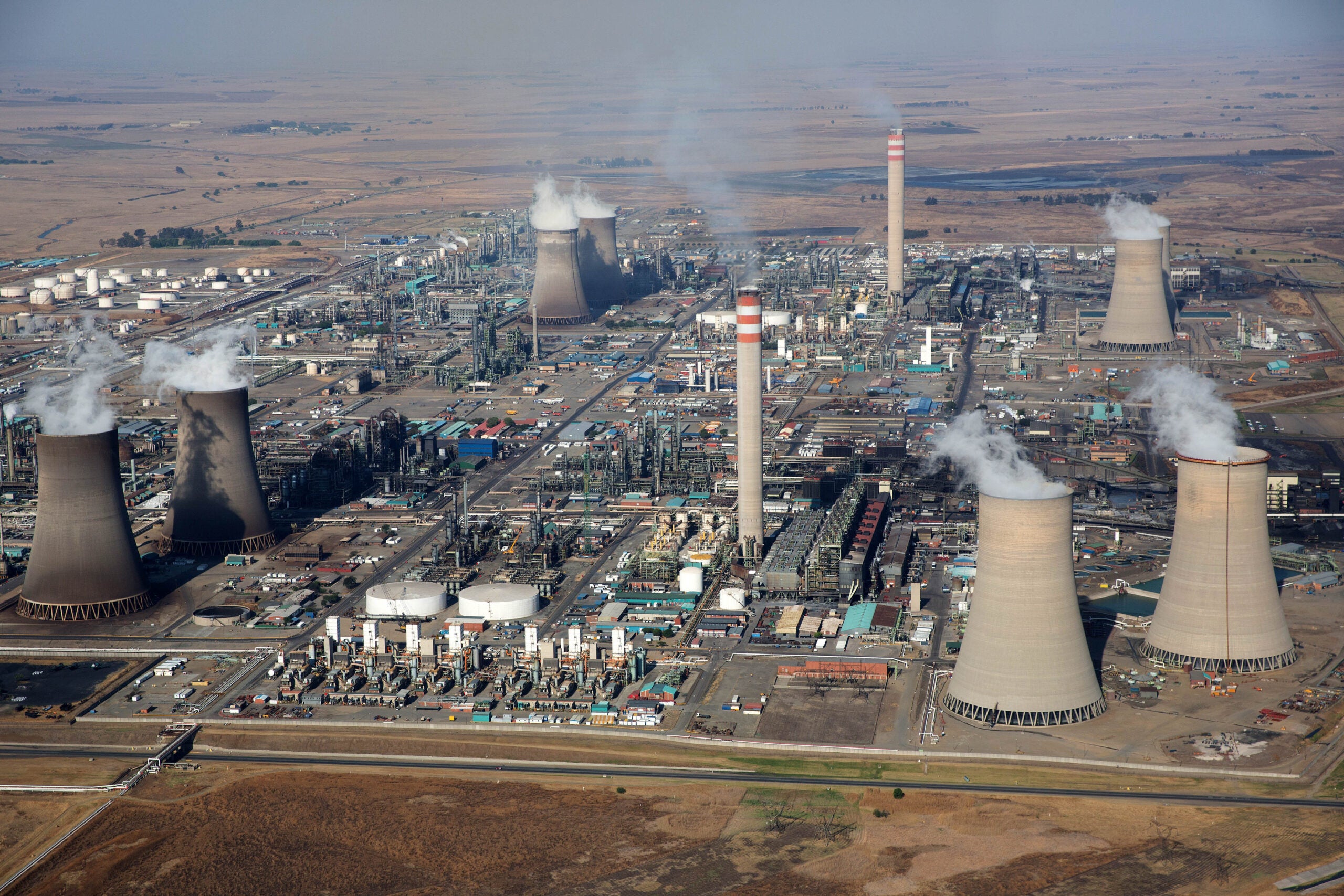 An aerial view of Secunda Power Station, one of the coal-fired plants that pollutes the air and water in South Africa&#039;s Mpumalanga province.