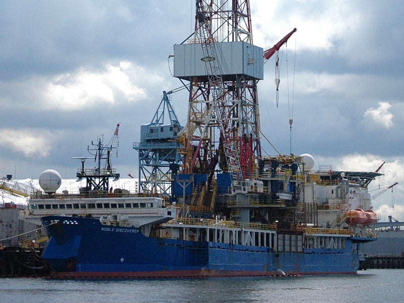 The oil drilling ship Noble Discoverer, on April 5, 2012 in the Port of Seattle before its trip to Alaska for the summer Arctic drilling season. The ship has since been retired.
(James Brooks / CC BY 2.0)