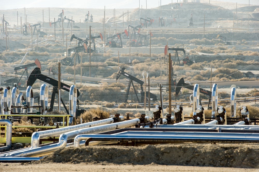 Oil field pumpjacks in Kern County, California.