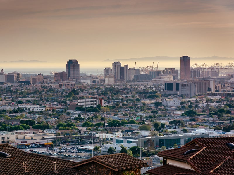 View of the Long Beach skyline from Hilltop Park, in Signal Hill, Long Beach, California.