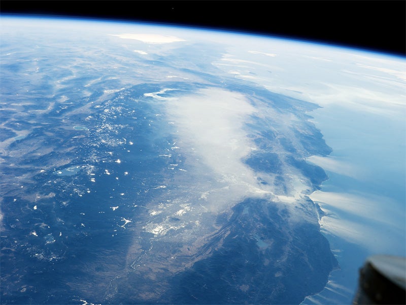 Haze spreads over the Central Valley on January 17, 2014. Air quality levels ranged from unhealthy to very unhealthy throughout the day.
(NASA Earth Observatory / ISS038-E-32446)