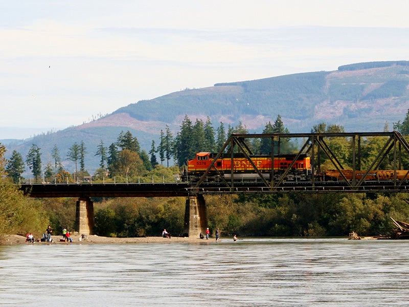 A scene on the Skagit River in Burlington, WA. The oil trains pass through the downtowns of Burlington, Conway, and Mount Vernon, crossing the old Burlington/Mount Vernon bridge spanning the river.
(Photo courtesy of Brent M. / Flickr)