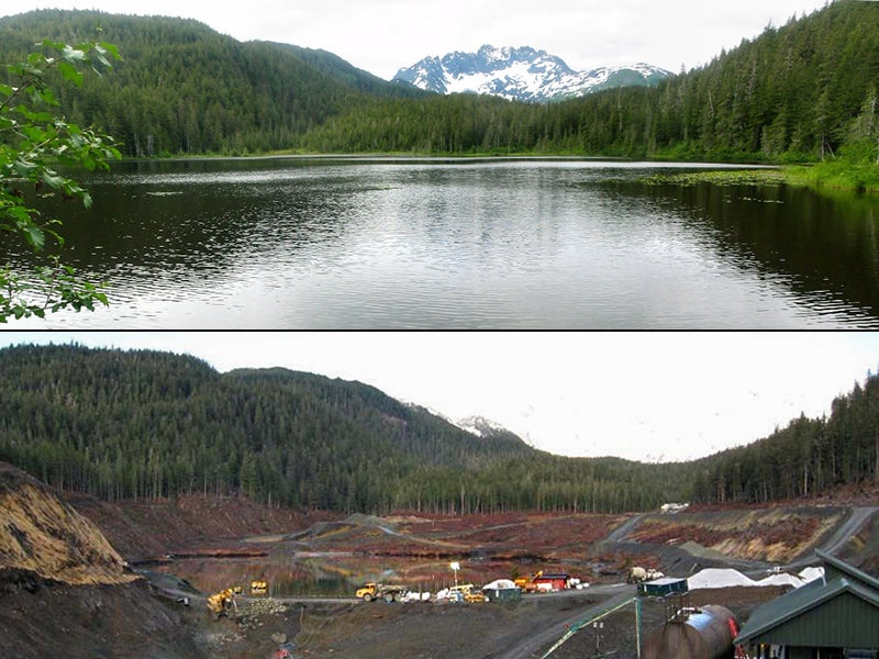 Aerial photos of Lower Slate Lake before (top photo) and after (bottom photo) the Kensington Gold Mine's dumping of mining waste.
(Top photo courtesy of Irene Alexakos; Bottom photo courtesy of Alaska DEC)