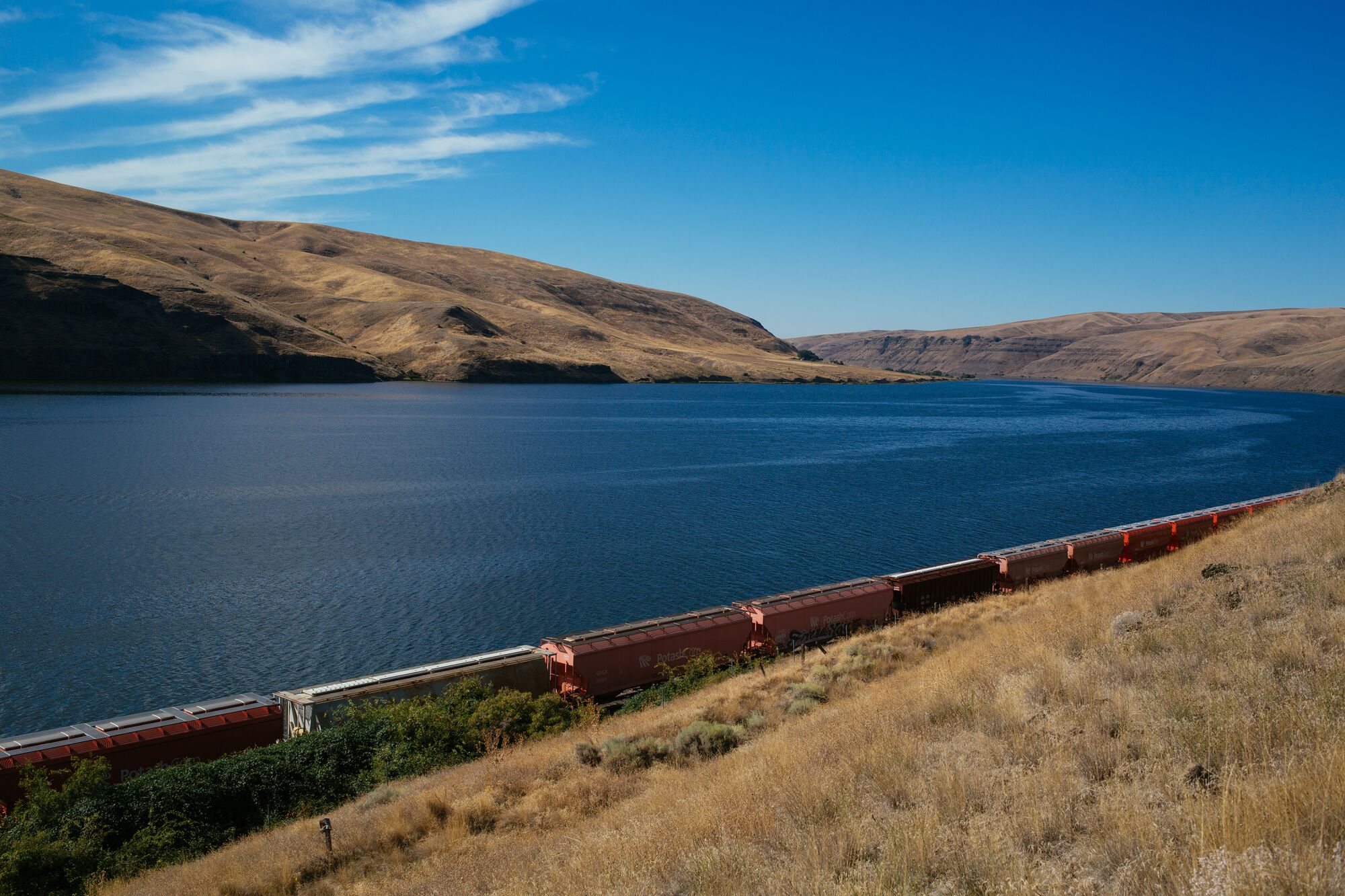 A rail line along the Snake River.