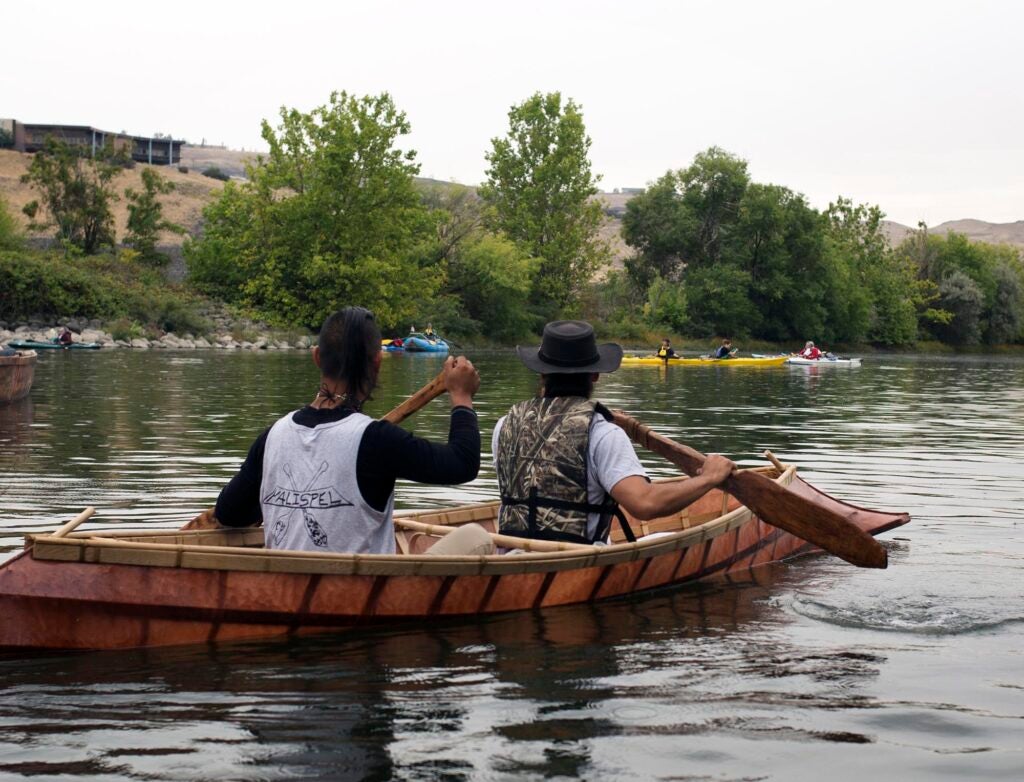 Nathan Piengkham (left), a member of the Kalispel Tribe of Indians, paddles the Snake River during last year's Free the Snake Flotilla. He also joined a group of tribal members who traveled to Standing Rock last year with traditional hand-carved canoes. At a March 2017 treaty rights conference in Lewiston, Idaho, he and other tribal members reflected on how treaty rights and cultural tradition have aided in movements to protect the environment.
(Chris Jordan-Bloch / Earthjustice)