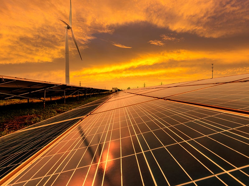 Solar panels in the dusk of the evening