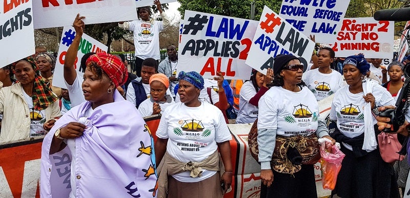 Activists from mining communities protesting at the Pietermaritzburg High Court on August 24, 2018.
(Photo courtesy of Rob Symons)