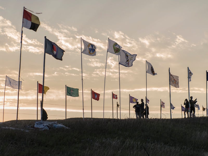 Flags fly at the Sacred Stone Camp, Cannonball, North Dakota.