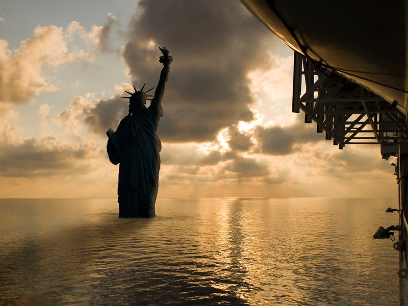 An experimental photo of the Statue of Liberty with higher seas.
