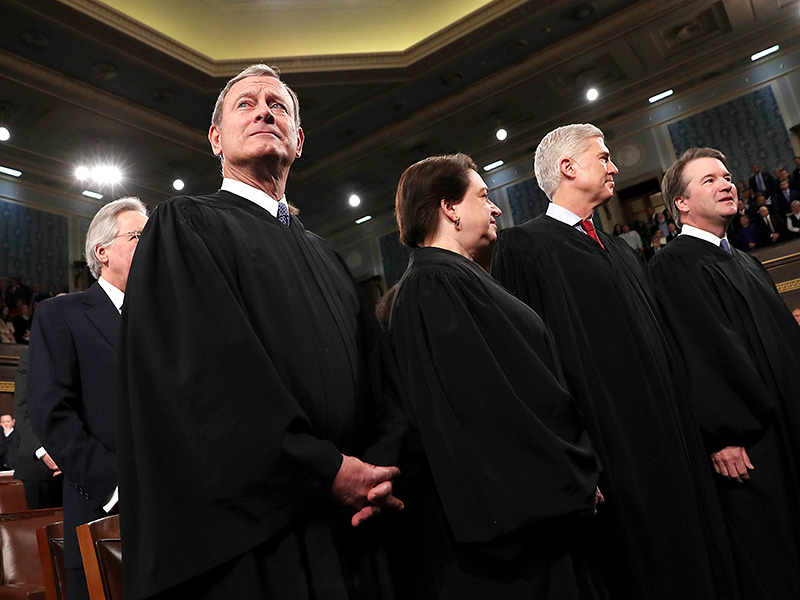 U.S. Supreme Court Chief Justice John Roberts and Associate Justices Elena Kagan, Neil Gorsuch and Brett Kavanaugh in the House chamber for the State of the Union address on February 4, 2020 in Washington, D.C.