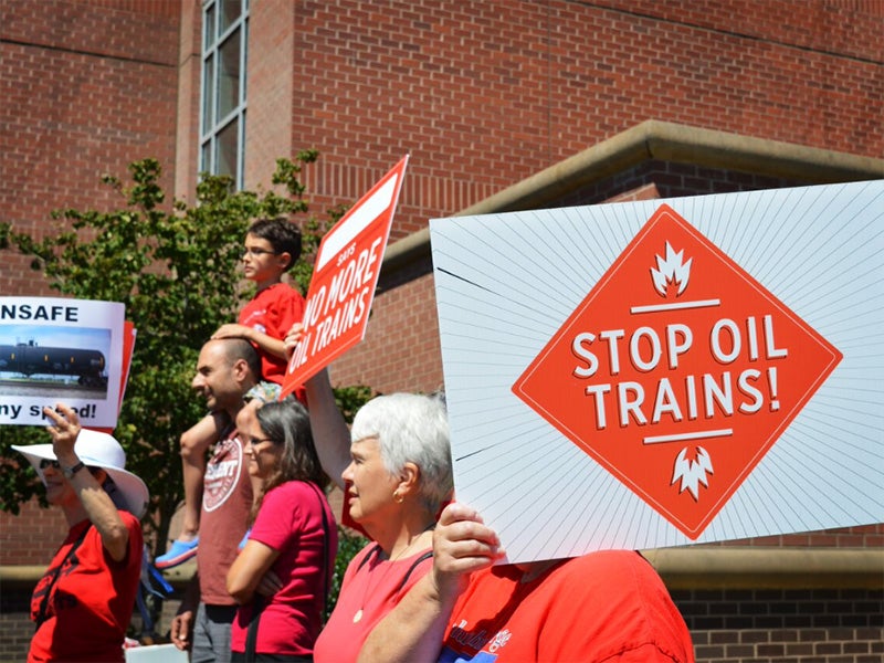 More than 100 community members took part in the "Stand Up to Oil Rally" on July 29, to voice their concerns about the project.
(Courtesy of Columbia Riverkeeper)